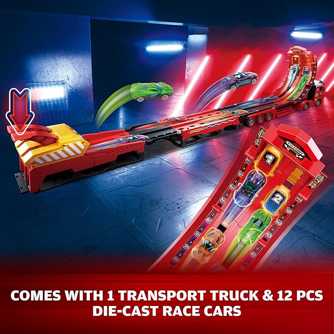 3in1 Carrier Truck Race Track Toddler Toys, Carrier Toy Truck w/45 Inch Foldable Race Track, 12 Die Cast Cars Toys for Ages 2-4, Semi Truck Toy w/Light & Sound, Kids Play Cars & Race Car Toys for Kids