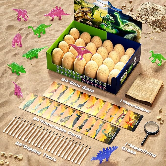 24 Glow in The Dark Dinosaur Eggs, Dig Kit Toys for Kids, Surprise Dinosaur Eggs Excavation Kit with Magnifier, STEM Birthday Party Favor Gifts for Boys Girls Age 3 4 5 6 7 8 9 10 + Years Old