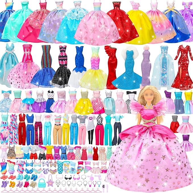 Style Shine 70 Pcs Doll Clothes and Accessories,4 Wedding Gowns 2 Evening Dresses 8 Fashion Dresses 6 Set Casual Outfit Top and Pant 2 Swimsuit,18 Hanger 10 Shoe 20 Accessories Toys for Girls Kid Gift
