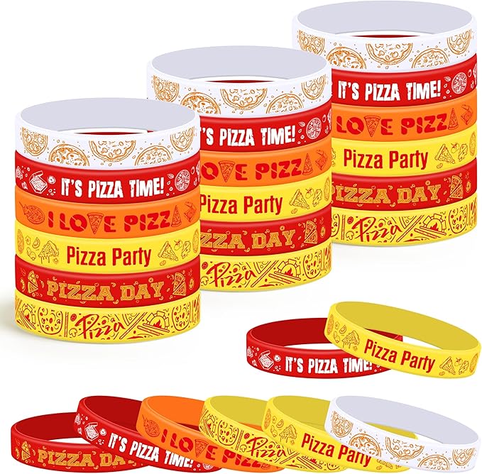 Lesnala 48 Pcs Pizza party favors silicone bracelets 6 Styles Pizza themed rubber wristbands Pizza day colorful stretch wristband for Women Men Party Decorations Kids School Prizes