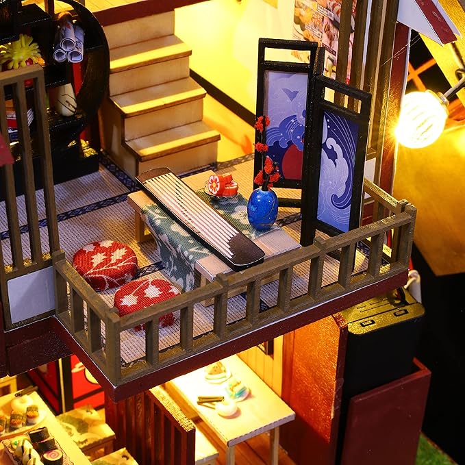 GuDoQi DIY Miniature Dollhouse Kit, 1:24 Scale Tiny House with Music Plant, Model Craft Kit for Adults, Great Handmade Gift for Birthday Christmas Day, Japanese Villa Courtyard
