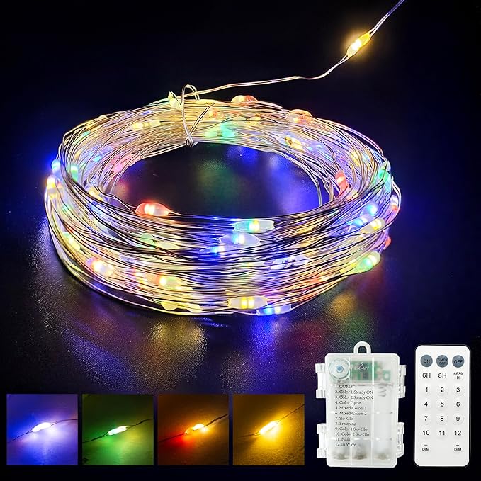 Battery Powered Silver Copper Wire LED String Lights - Remote Control, Color Changing Warm White/Multicolor, for Bedroom, Wedding, Party, Christmas Tree Decor (100LEDs)