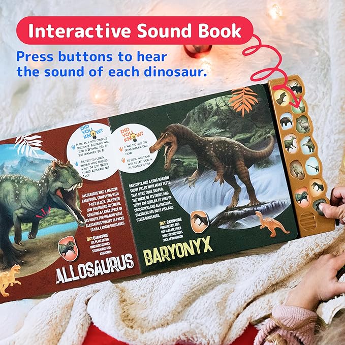 PREXTEX Dinosaur Toys for Kids 3-5 - 12 Dinosaur Figurines and Dino Book for Kids with Sound - Realistic Toy Dinosaurs Figures - Dino Toys with Sound Books