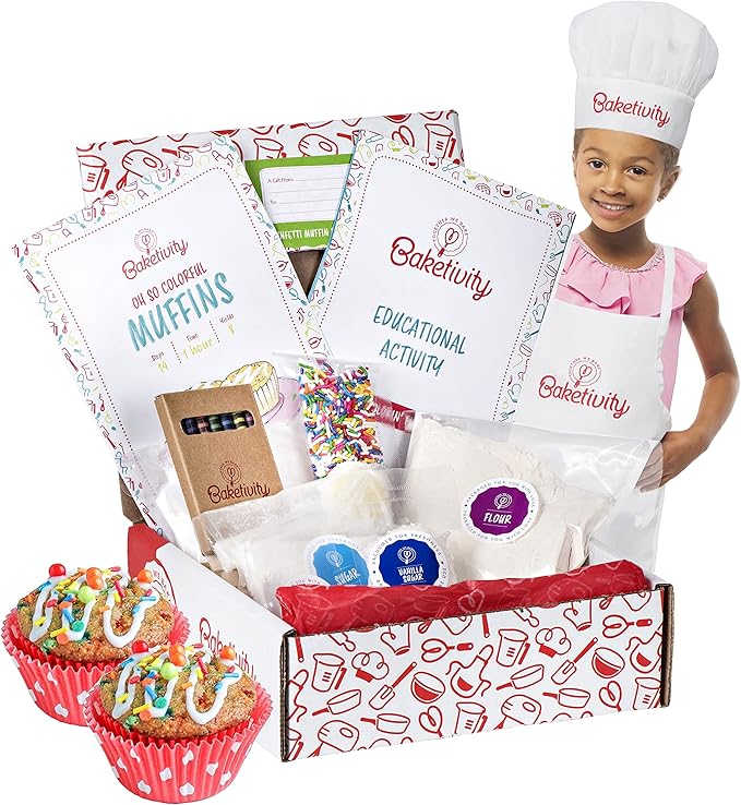 Baketivity Kids Baking DIY Activity Kit - Bake Delicious Confetti Muffins with Pre-Measured Ingredients – Best Gift Idea for Boys and Girls Ages 6-12 – Includes Free Hat and Apron