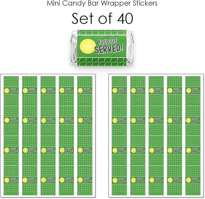 Big Dot of Happiness You Got Served - Tennis - Mini Candy Bar Wrapper Stickers - Baby Shower or Tennis Ball Birthday Party Small Favors - 40 Count