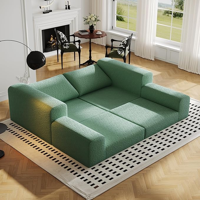 Cloud Modular Sectional Sofa, DIY Combination Modular Couch for Living Room, Unique Knitted Fabric Love Seat Couches with 2 Pillows, 2 Seater Comfy Sectional Couch with No Assembly (Green)