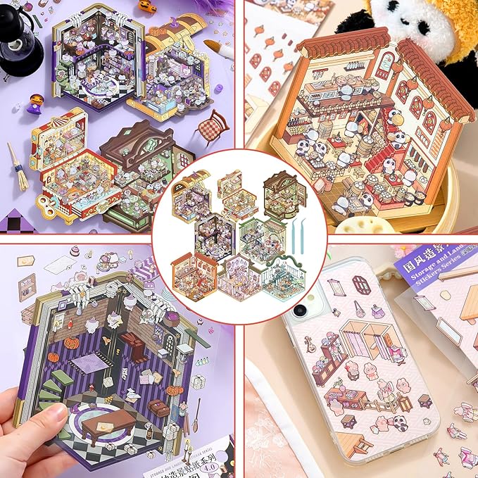 DIY 3D House Sticker Set for Adults & Kids - Creative Miniature Room Scenes with Cartoon Decals, Cute Home Decor Stickers to Build Your Own 3D Model Scenes (Set 4)