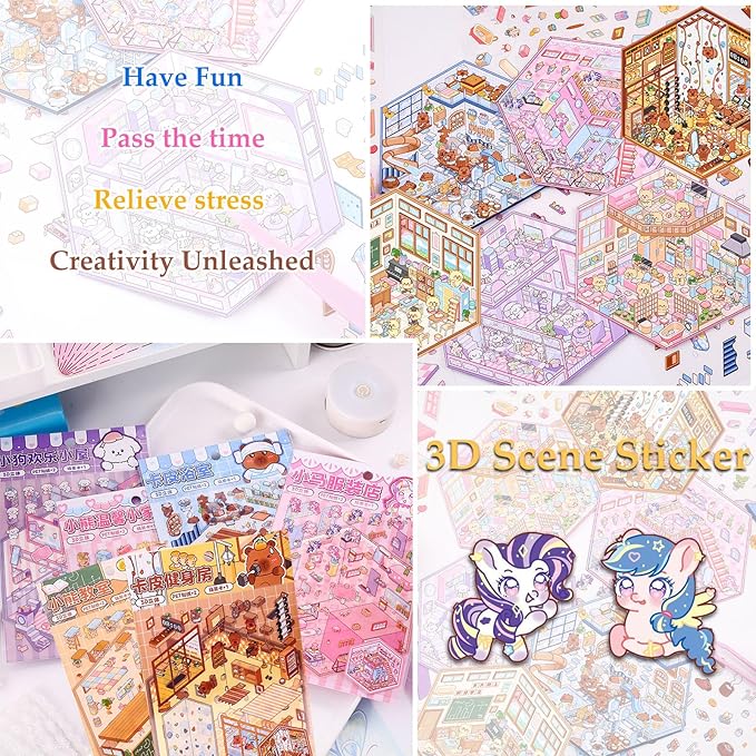 DIY 3D Sticker Scene, Stocking Stuffer, 6 Sets of Aesthetic Stickers for Girls Make Your Own Mini Shop Scenes Stickers for Kids Sticker Therapy for Adult Relief Stress, Holiday & Christmas Fun