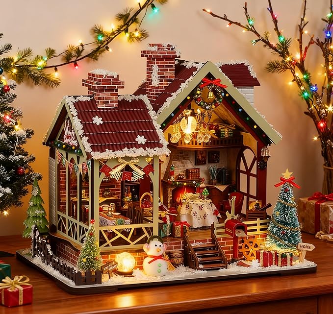 DIY Christmas Miniature House Kit Mini Wooden Dollhouse Kits for Adults Xmas Eve Snowflakes Building with LED Light, Diorama Model Birthday Gifts for Family/Friends