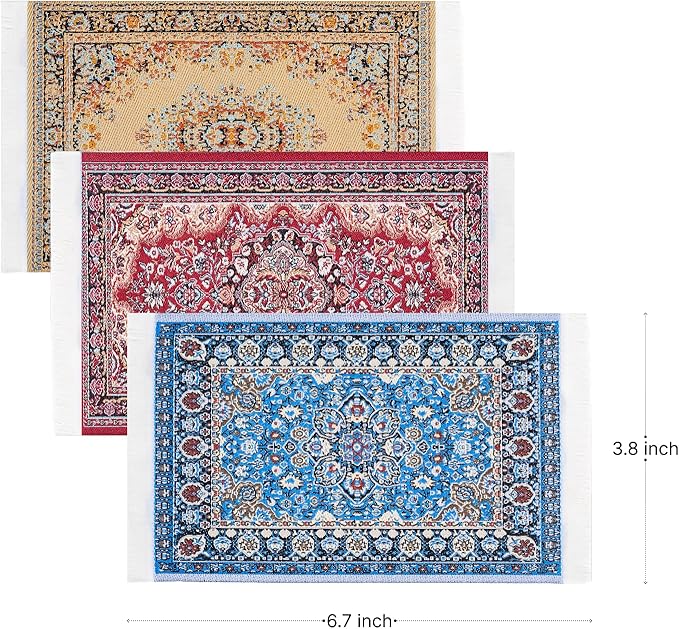 SAMCAMI Dollhouse Accessories Woven Carpet, 1/12 Scale Doll House Accessories and Furniture, Dollhouse Miniature Area Rugs 6” x 3.8”, 3 Pieces (No.1)