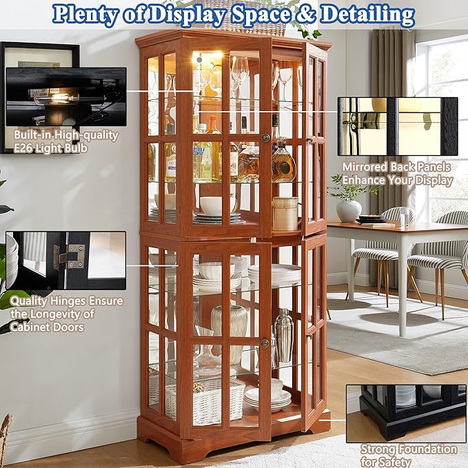 68" H Glass Curio Display Cabinet with Light, 6-Tier Wooden Glass Storage Showcase w/ 4 Doors & Adjustable Shelves, Vintage Accent Cabinet w/Mirrored Back Pane for Home & Office