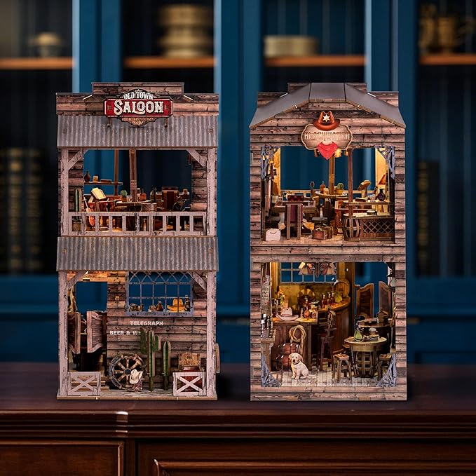 Book Nook Kit - DIY Miniature House & Dollhouse Alley Model Kit, Puzzle Bookshelf Library Decor with LED Light, Craft Gift for Adults, Teens, and Family(Old Town Saloon)