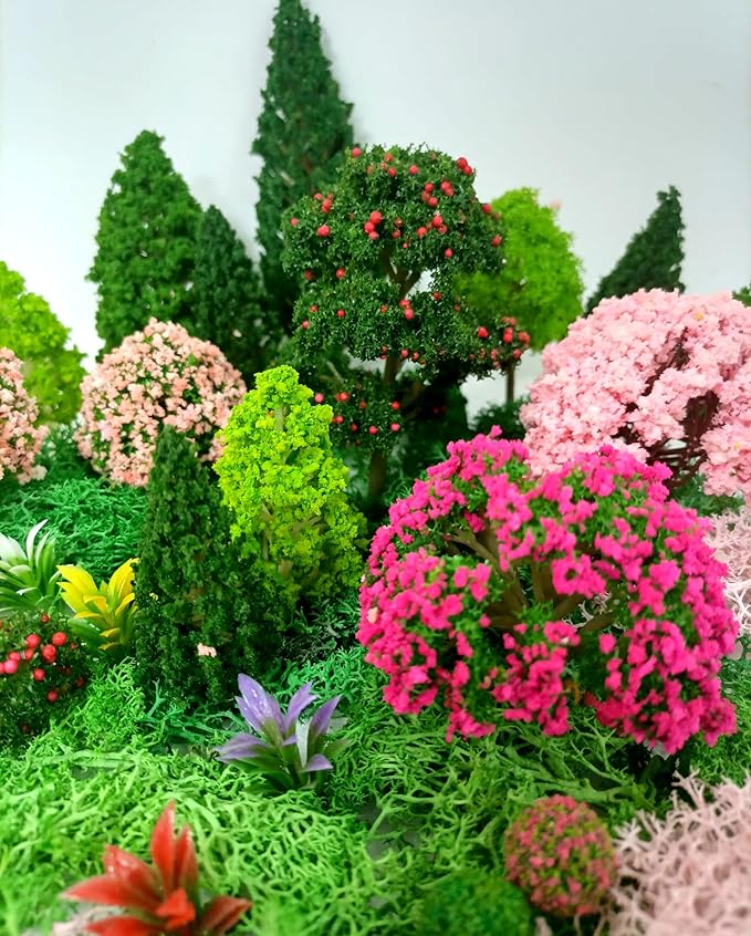 QuarenDen Mixed Model Trees, Model Train Scenery, 37Pcs, Miniature Trees with Moss for Building Model, Natural Green Landscape, Railroad Scenery