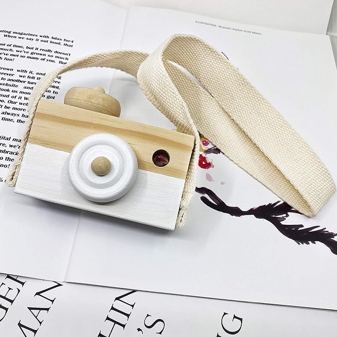 Baby Toy Wooden Mini Camera Toy, Baby Kids Cute Mini Sharpe Toy, Neck Hanging Photographed Props for Baby Toddlers Children Kids' Room Hanging Decor Gift (White)