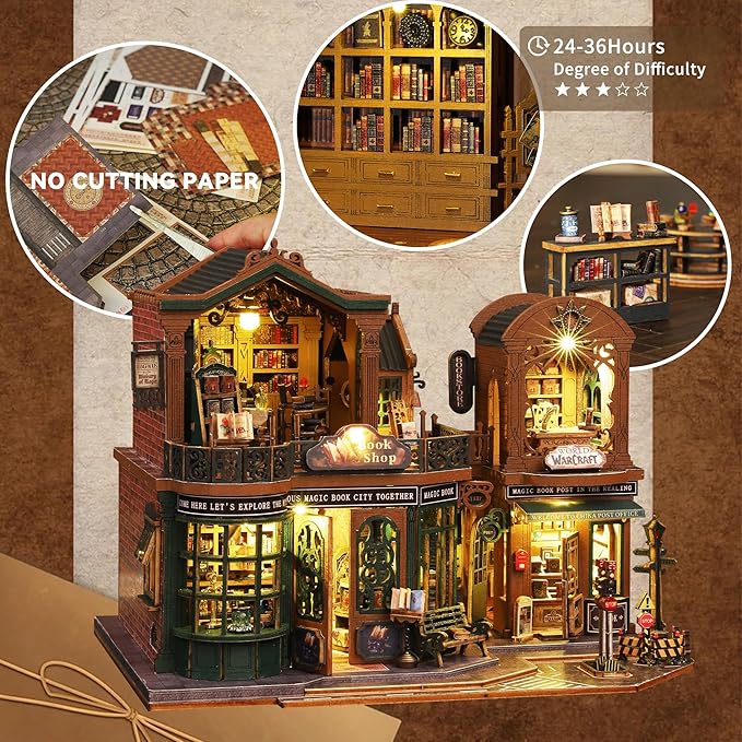 Flever Dollhouse Miniature DIY House Kit Creative Room with Furniture and Glass Cover for Romantic Artwork Gift (Twilight Bookmall)