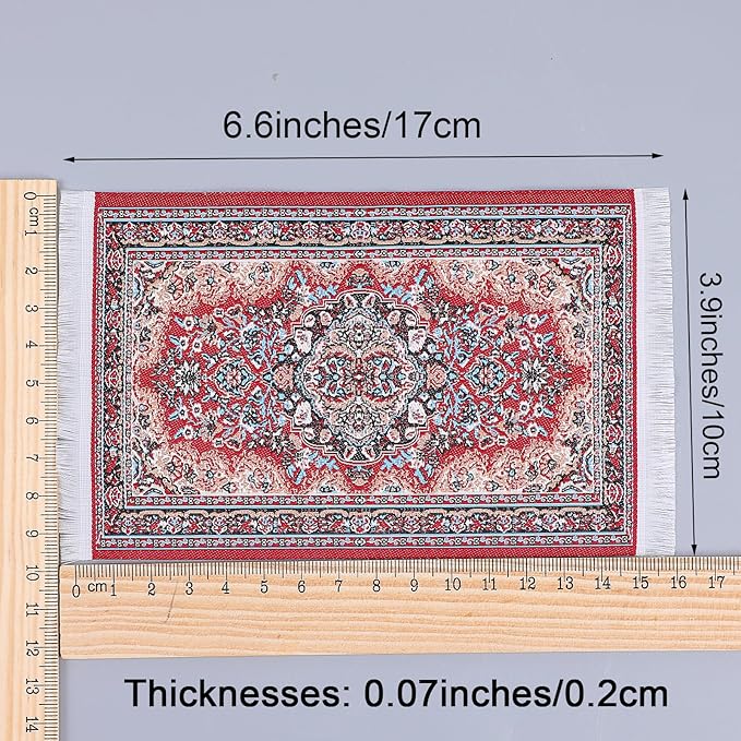 Dollhouse Rug 2Pcs Miniature Accessories, 1:12 Vintage Woven Dollhouse Rugs, Mini Floral Print Carpet for Miniature Furniture Floor Decoration Accessory (Red, Yellow)