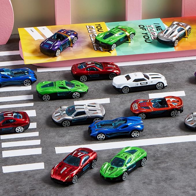JOYIN 28 Valentines Day Gifts Cards with Die-Cast Racing Cars Vehicle for Kids School Classroom Exchange Party Favor Gift Supplies