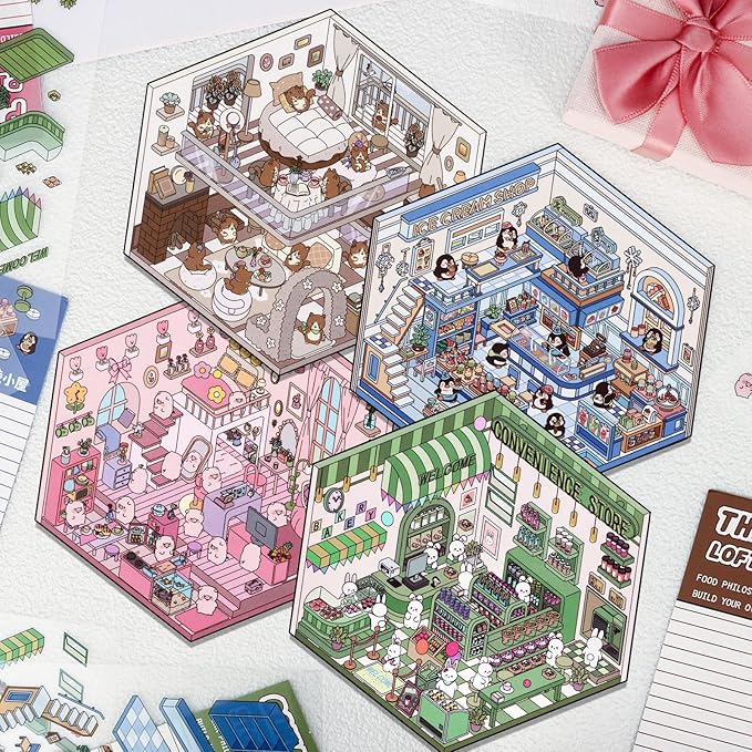 DIY 3D House Stickers, 4 Set Fun DIY Stickers Scene Make Your Own Warm Home, Supermarket, Coffee Shop, Music Bar, Cute 3D Cartoon Scene Stickers for Adult Kids Relief Stress Pass The Time (SY2.0)