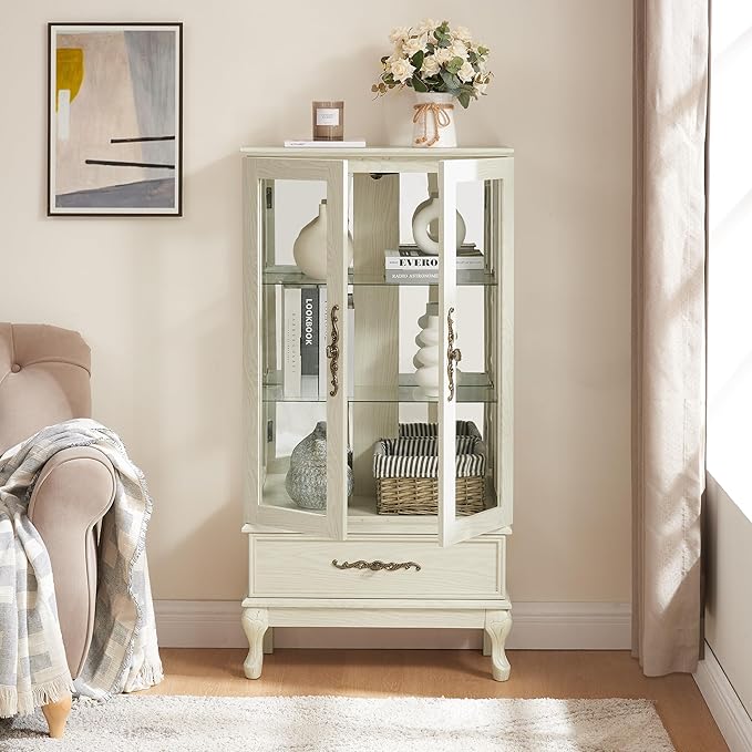 51"H Lighted Curio Display Cabinet with 2 Doors & 1 Drawer, Wooden Glass Curio Showcase w/ Adjustable Shelves & Mirrored Back Panel, Storage Cabinet Display Case for Living Room(Antique White)