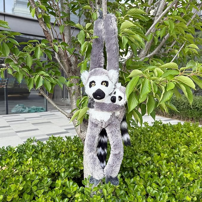 2pcs Lemur Hanging Stuffed Animal Mother with Baby Hangs Plush Toys, Hooks and Stuffed Animals with Rings for Kids, Gifts for Boys and Girls