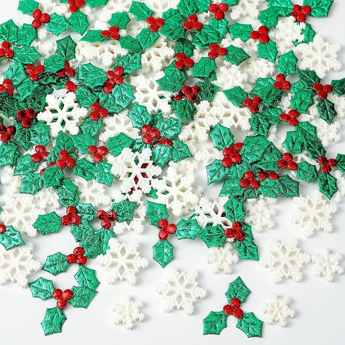 JUNEBRUSHS 120Pcs Miniature Resin Christmas Decorations, Mini Resin Snowflake Holly Leave Berries, Christmas Embellishment for Xmas DIY Craft Wreath Tree Home Table Decor Floating Vase Filler