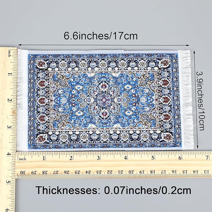 Dollhouse Rug 3 Pcs Miniature Accessories, 1:12 Vintage Woven Dollhouse Rugs, Mini Floral Print Carpet for Miniature Furniture Floor Decoration Accessory (Blue&Yellow&Red)