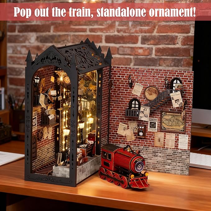 DIY Book Nook Kit, Miniature Dollhouse Booknook Kit with Light, Bookend Bookshelf Decor for Christmas Day, Best Gift for Family, Friends, Magic Train Station