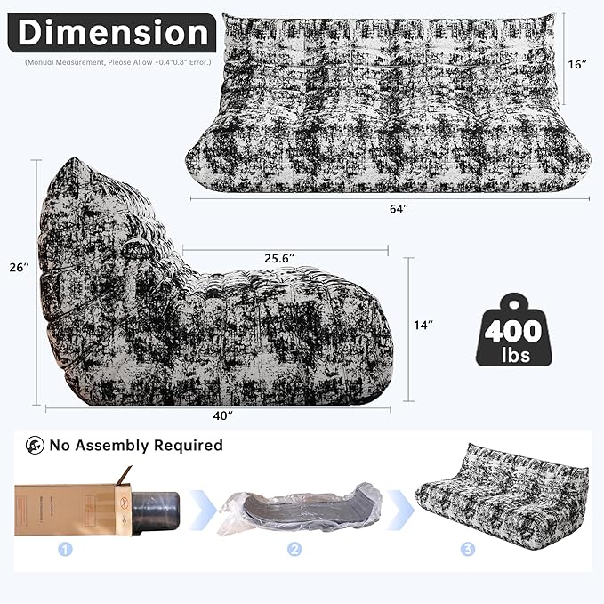 Bean Bag Chairs for Adults, BeanBag Reading Chair Memory Foam Couch 3-Seater, Floor Chair Soft Teddy Material, Comfy Reading Nook Chairs for Bedroom Living Room Office (Ink Painting)