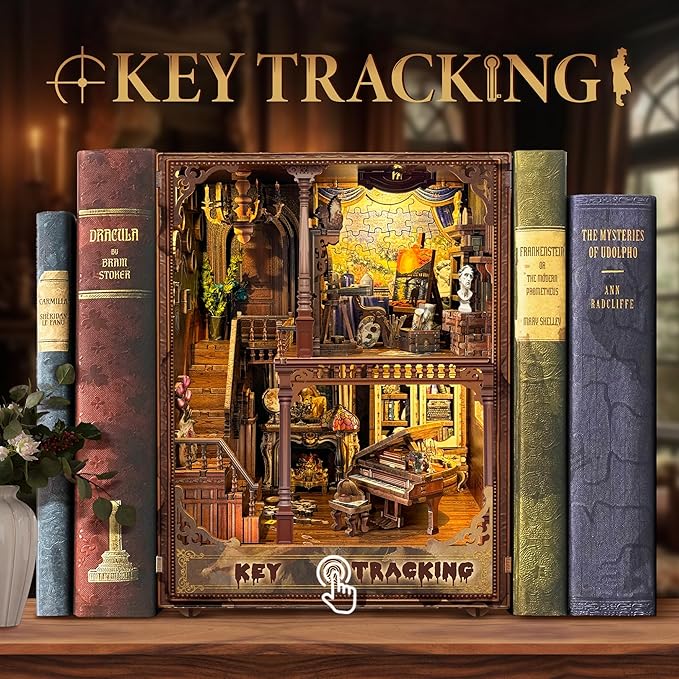 Book Nook Kit-DIY Dollhouse Kit Wooden Miniature Studio with Dust Cover Bookshelf Decor 3D Puzzle Book Nooks for Adults to Build Gift-Key Tracking (SQ-31)