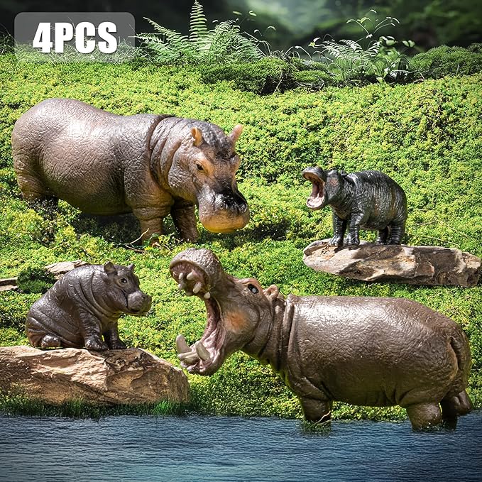 4PCS Hippo Safari Zoo Animals Figurines Toys, Plastic Animals Figures Toy for Kids Includes Solid Hippopotamus and Cubs, Birthday Gift Party Favors Cake Toppers for Boys Girls