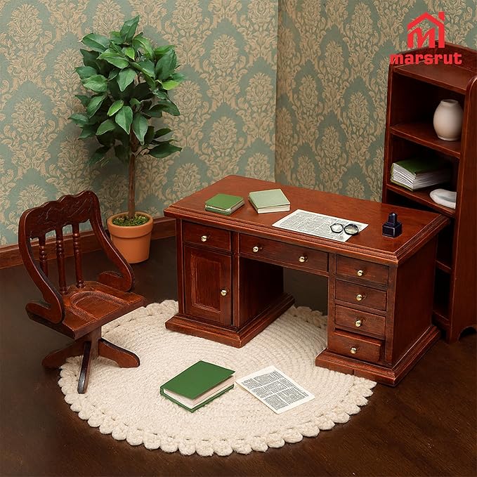 1/12 Scale Wooden Dollhouse Desk and Chair Set, Miniature Office Furniture, Computer Table Accessory, Retro Writing Simulation Pretend Play Doll House Accessories for Photo Props Classroom Scene