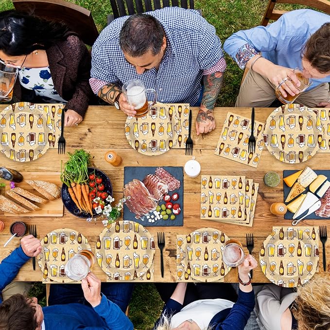 96 Pcs Cheers Party Decorations Cheers Themed Tableware Bar Theme Plates Napkins Forks Yellow and Khaki Supplies for Bar Bachelorette Festival 30th 40th 50th Birthday Bar Supplies Serve 24 Guests