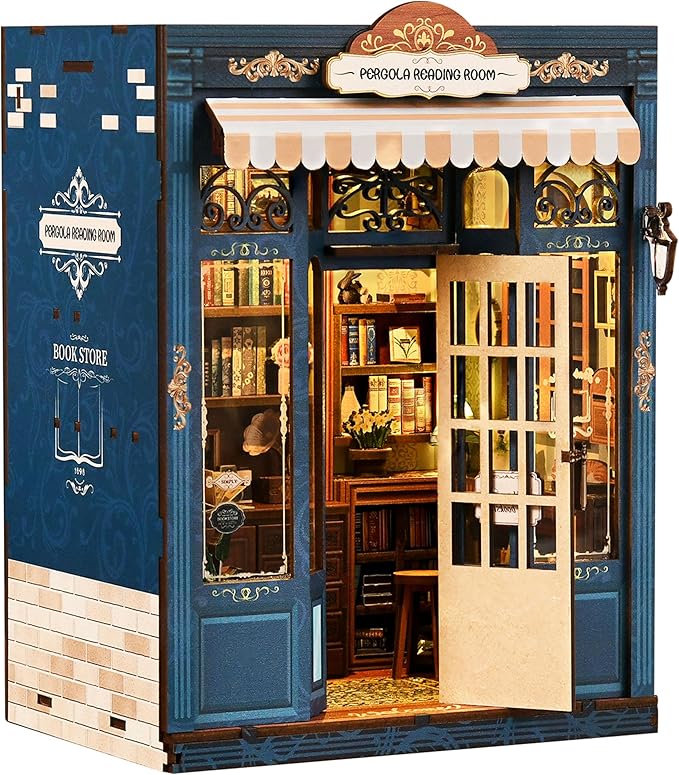 ISSEVE Book Nook Kit - DIY Miniature House Kit Book Nooks for Adults, Dollhouse Booknook Library Tiny House Bookshelf Decor 3D Wooden Puzzle Model Craft Kits Gift (Reading Room Bookstore)