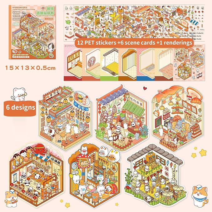 DIY Mini Fun 3D Animal House Scene Stickers Book with Tweezers Make Your Own Bakery Restaurant Teahouse Shop Sticker Scenes Cute Micro Stickers for Relief Stress Pass The Time(6 Designs)