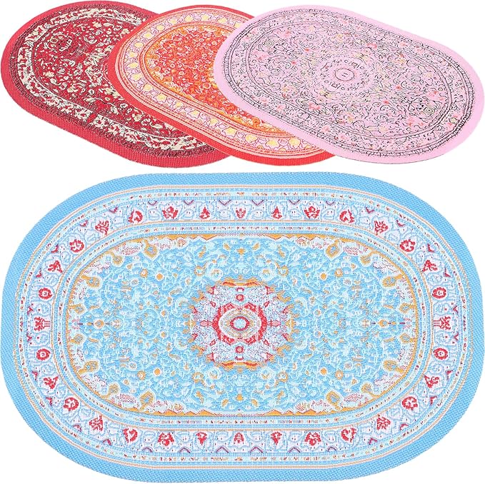 LOGOFUN 8PCS Miniature Carpet Doll House 1:12 Scale Mini Turkish Rugs Tiny Vintage Woven Oval Carpet for Micro Scene Furniture Accessories