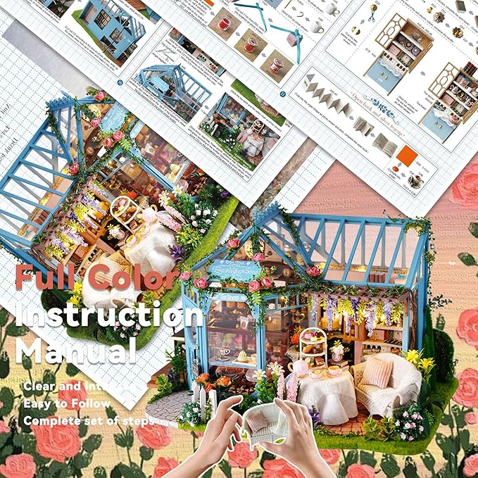 Flever Dollhouse Miniature DIY House Kit Creative Room with Furniture for Romantic Artwork Gift-Rose Garden Tea House