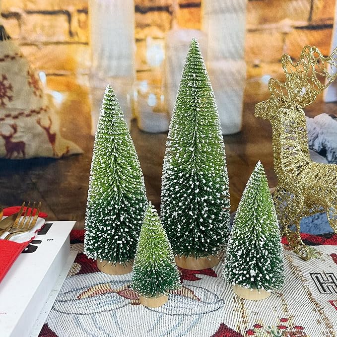 Mini Christmas Tree Bottle Brush Christmas Trees Decor for Christmas Decorations Wooden Bases (Double Green)