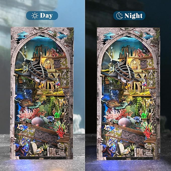 Book Nook Kit - DIY Miniature Dollhouse Kit for Adults and Teens, 3D Wooden Puzzle Bookend with LED Light, Creative Bookshelf Decor Gifts for Family and Friends (Lost City of Atlantis)