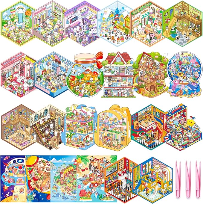 24 Sets 3D Scene Sticker Therapy Fun Cartoon Make Your Own Room Shop Scenes DIY House Stickers for Kids Cartoon Animal Relief Stress Own