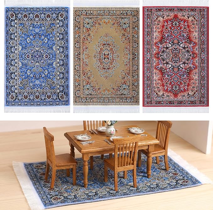 Dollhouse Rugs 3 Pcs Miniature Accessories, 1/12 Vintage Woven Dollhouse Rug, Mini Carpet for Dollhouses Furniture, Mini Floral Print Carpet for Doll House Floor Decor(Blue, Yellow, Red)