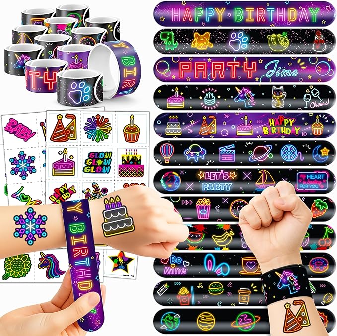 72 PCS Neon Party Set - 48 Neon Temporary Tattoos, 24 Slap Bracelets Wristbands - Fun Glow Party Supplies for Birthday, Baby Shower, Classroom Rewards, Decorations & Gifts for Kids