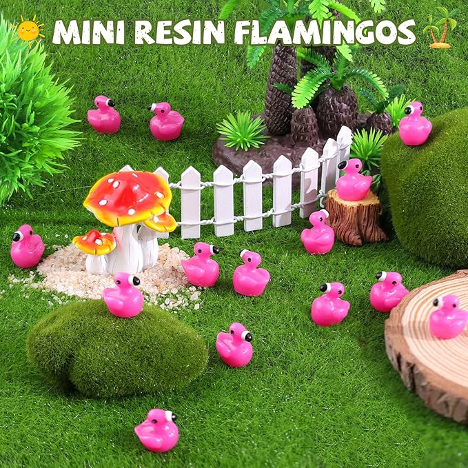 110PCS Mini Resin Animals Cute Rose Pink Tiny Flamingo Ducks, Miniature Figures to Hide, Small Animal Accessories Bulk for Topper Garden Dollhouse Landscape Aquarium Ornaments DIY Crafts & Decor