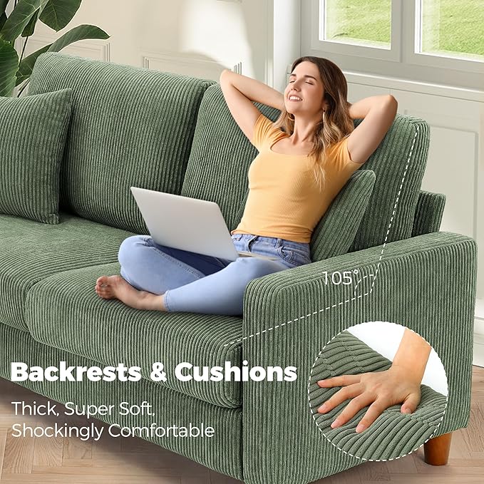 70in Corduroy Couch, Kidirect Sofa No Tool Assembly, Comfy Couches for Living Room 21in Deeper Seats, Corduroy Sofas for Living Room with 2 Pillows, Oversized Loveseat Sofa, Boho Love Seat Green Couch