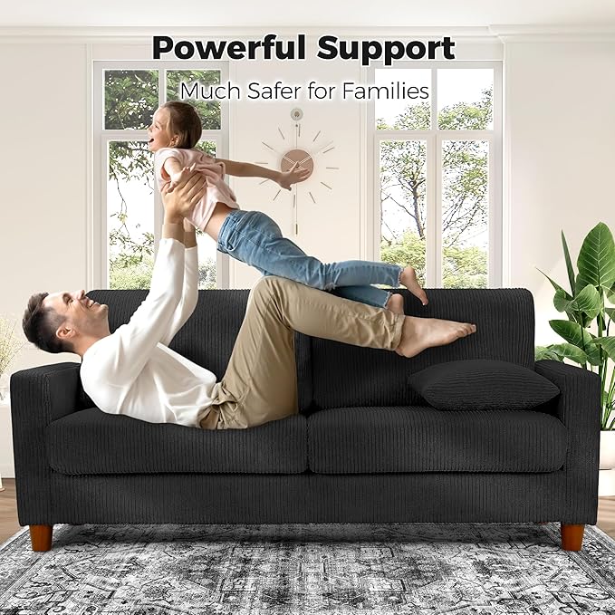 70in Corduroy Couch, Kidirect Sofa No Tool Assembly, Comfy Couches for Living Room 21in Deeper Seats, Corduroy Sofas for Living Room with 2 Pillows, Oversized Loveseat Sofa, Boho Love Seat Black Couch