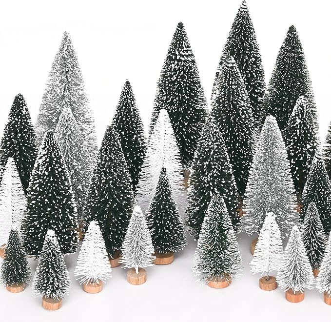 Waipfaru Christmas Table Decor, Bottle Brush Christmas Trees, 21 Pcs White Mini Christmas Trees, Farmhouse Pine Trees for Xmas Tabletop Crafts Indoor Home Decorations (Sliver & White)