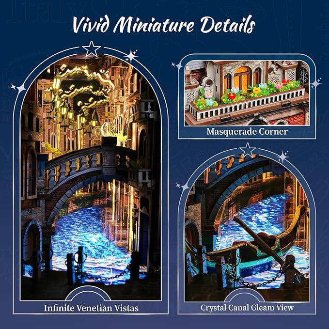 Venice Night Starlit Book Nook Kit – LED 3D Wood Puzzle with Infinity Mirror – DIY Bookshelf Decor, Miniature Craft Gift for Kids and Adults