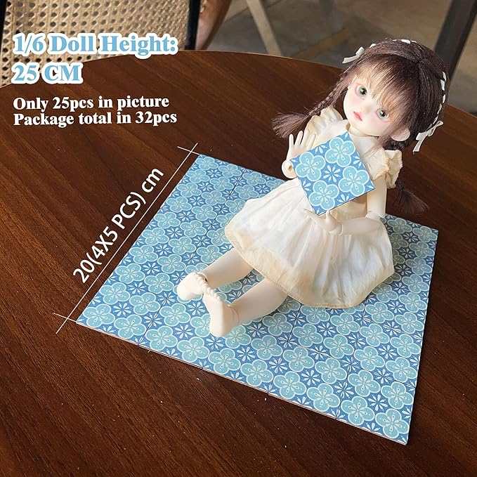 Halandar Dollhouse Flooring Tiles on 1/12 1/6 Scale Miniature Decor Accessories 32pcs Double-Sided