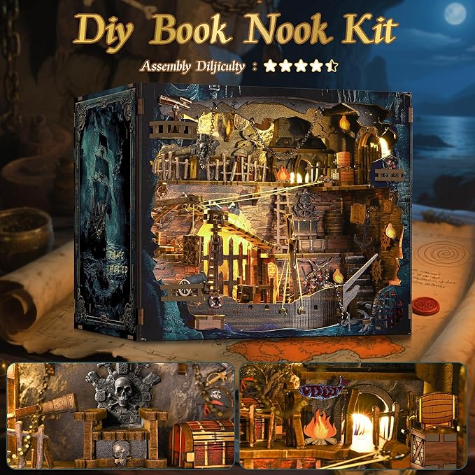 Pirate Book Nook Kit - DIY Miniature House Kit for Adults, Teens, Dollhouse Booknook Bookshelf Insert Decor with LED Light, 3D Wooden Puzzle Gifts for Family, Friends