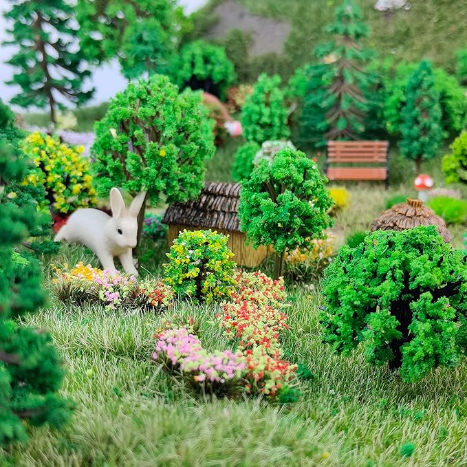 gdeplok 140 Pcs Static Grass Tufts & Miniature Flower Clusters - Artificial Grass Terrain Scenery Kit for Model Train Railway, Military Sand Table, DIY Diorama Landscape (B)
