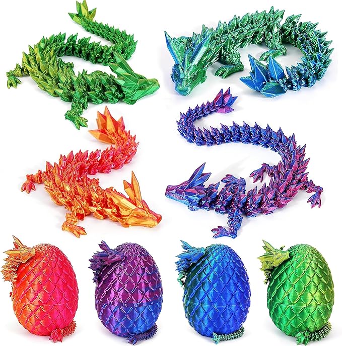 JOD® 4PCS 3D Printed Dragon Eggs with Dragon Inside – Articulated Fidget Toys, Easter Dragon Eggs, Mystery Surprise Easter Eggs for Kids, Unique 3D Printed Animals, Home Decor and Gift Set(A)